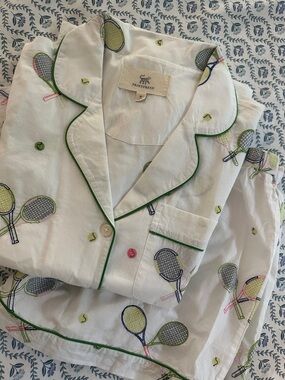 Printfresh White Tennis-Print Pajama Set with Green Piping